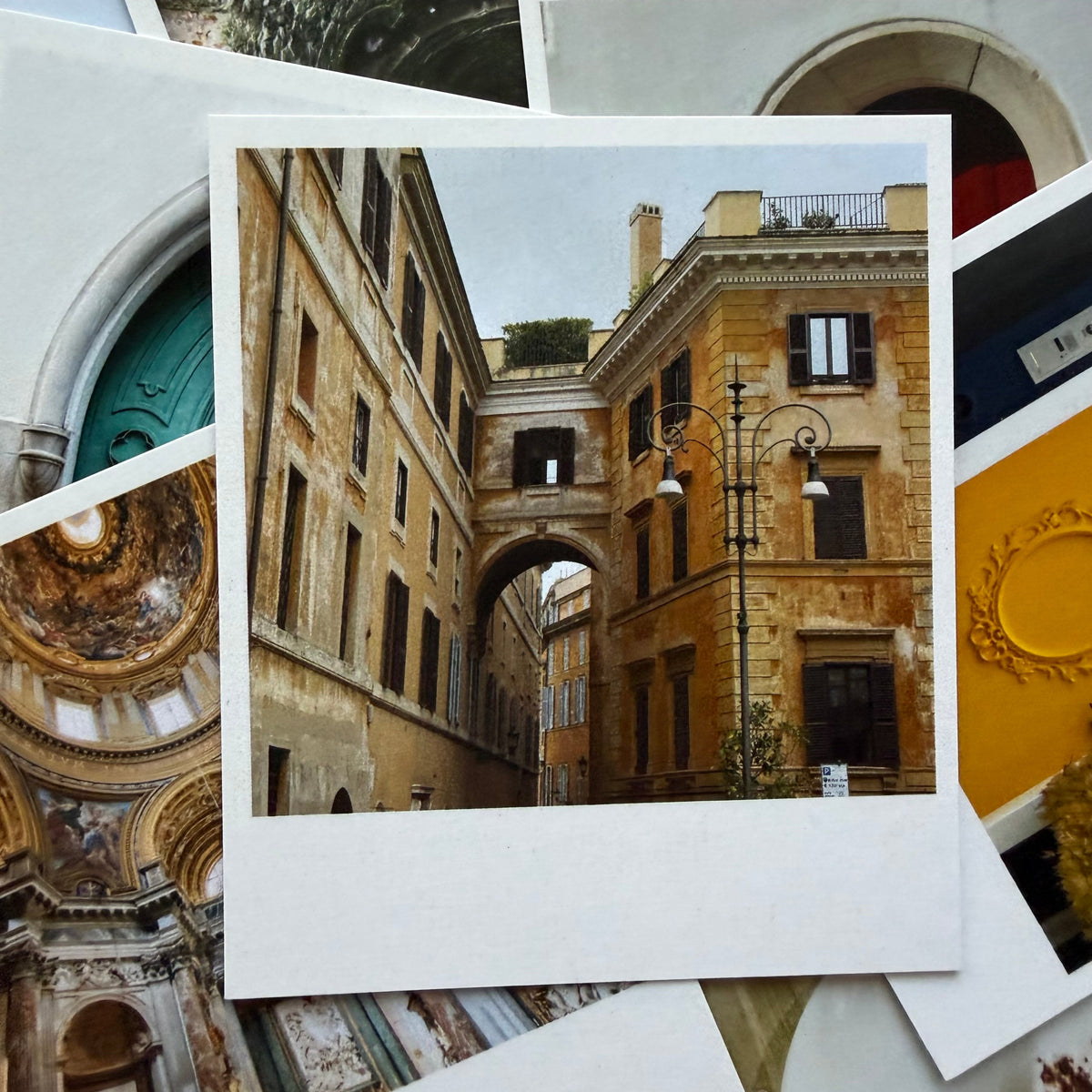 Collage of architectural photos with a focus on a building with arched windows and decorative ceiling.
