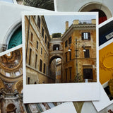 Collage of architectural photos with a focus on a building with arched windows and decorative ceiling.