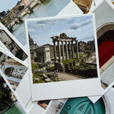 Stack of vintage-style photographs featuring historical architecture.