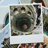 Collage of photos featuring a spiral stone staircase.