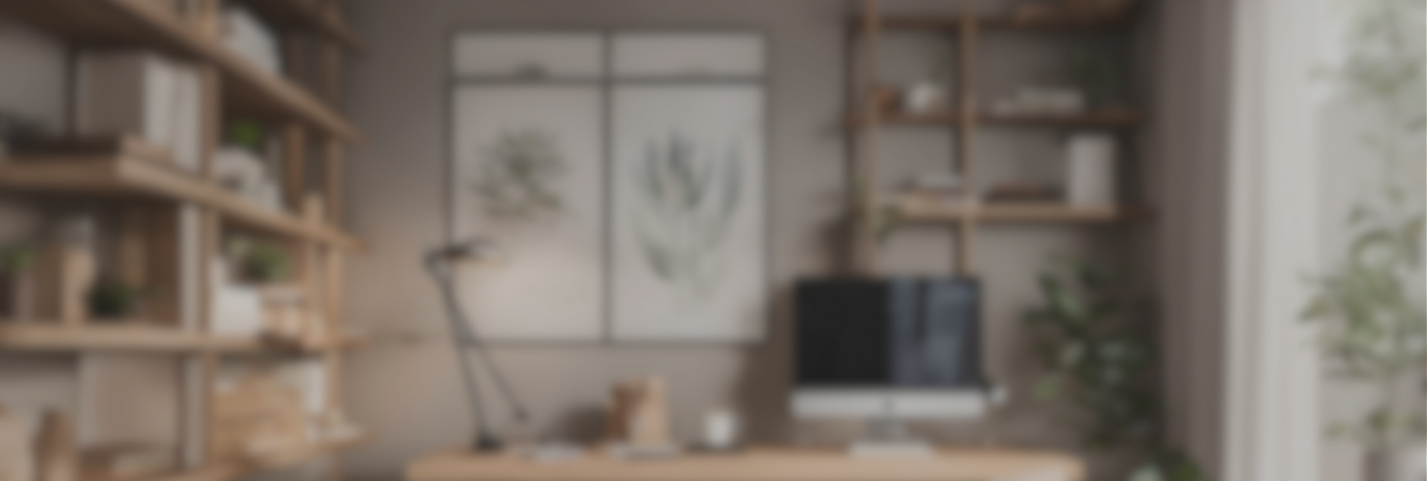 Blurred image of a home office with shelves, desk, and computer.
