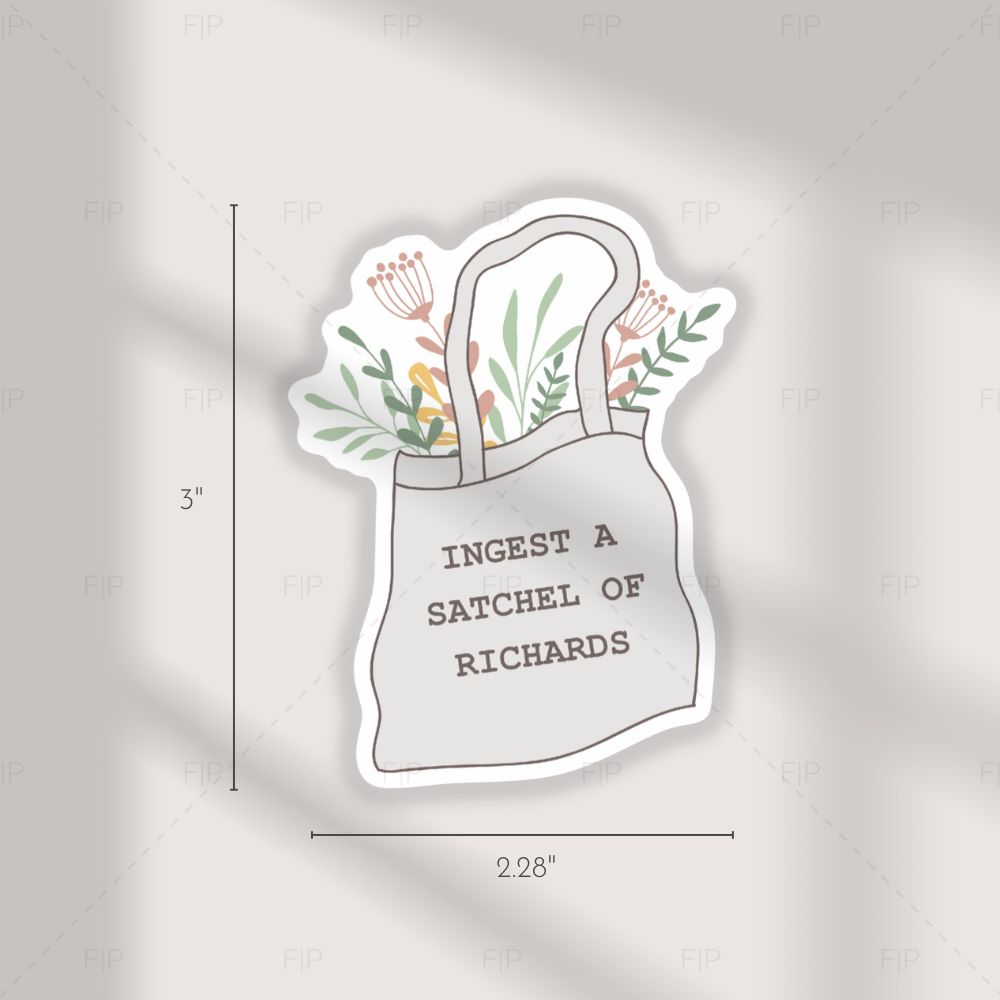 Sticker of a tote bag with floral design and text, shown with dimensions on a light gray background.