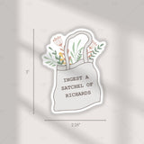 Sticker of a tote bag with floral design and text, shown with dimensions on a light gray background.