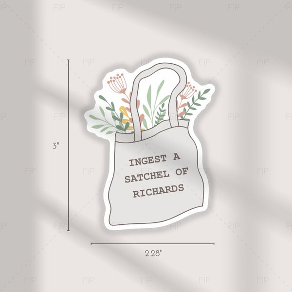 Sticker of a tote bag with floral design and text, shown with dimensions on a light gray background.