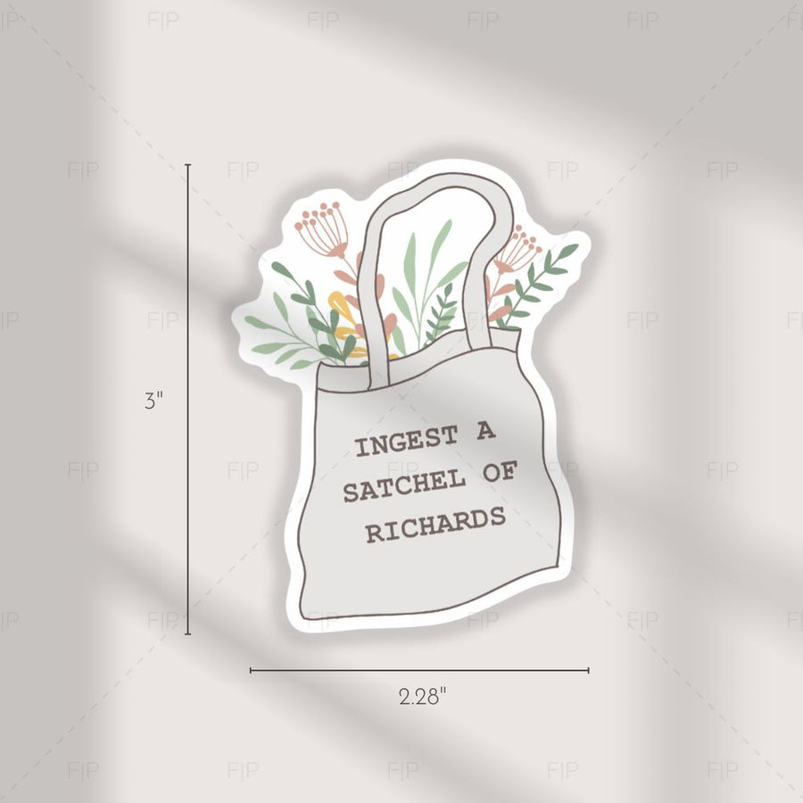 Sticker of a tote bag with floral design and text, shown with dimensions on a light gray background.